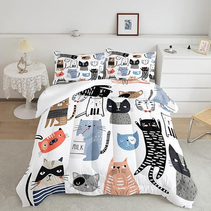 CVHOUSE Cat Bedding,Cartoon Cat Comforter Twin,Animals Print Comforter Set for Kids,Kawaii Quilt Set with 1 Comforter and 2 Pillow Cases