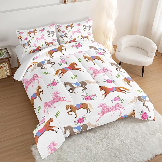 HOSIMA Kawaii Pink Rose Horse Full Size Comforter Sets,Cute Animal Horse Bedding Girls Teens Aesthetic Room Decor,Princess Toddler Bedding Set Cowboy Cowgirl Colorful Pony Full Size Bed in a Bag.