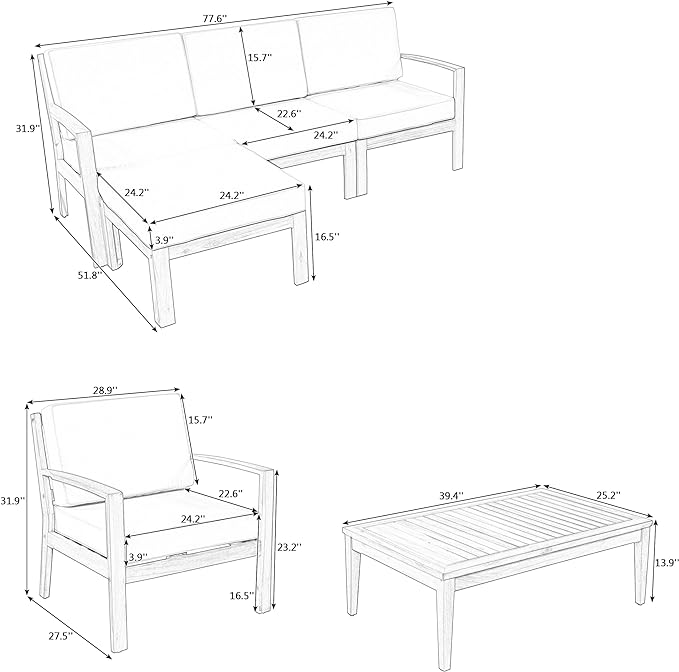 4 Piece Acacia Wood Patio Furniture L-Shaped Outdoor Sectional Sofa Coffee Table, FSC Certified Conversation Set w/Beige Cushions for Garden Backyard