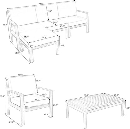 4 Piece Acacia Wood Patio Furniture L-Shaped Outdoor Sectional Sofa Coffee Table, FSC Certified Conversation Set w/Beige Cushions for Garden Backyard