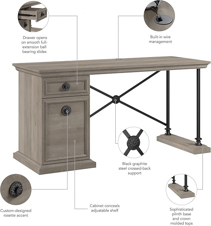Bush Furniture Coliseum Designer Desk with Storage, Home Office Computer, 60W, Driftwood Gray