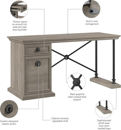 Bush Furniture Coliseum Designer Desk with Storage, Home Office Computer, 60W, Driftwood Gray