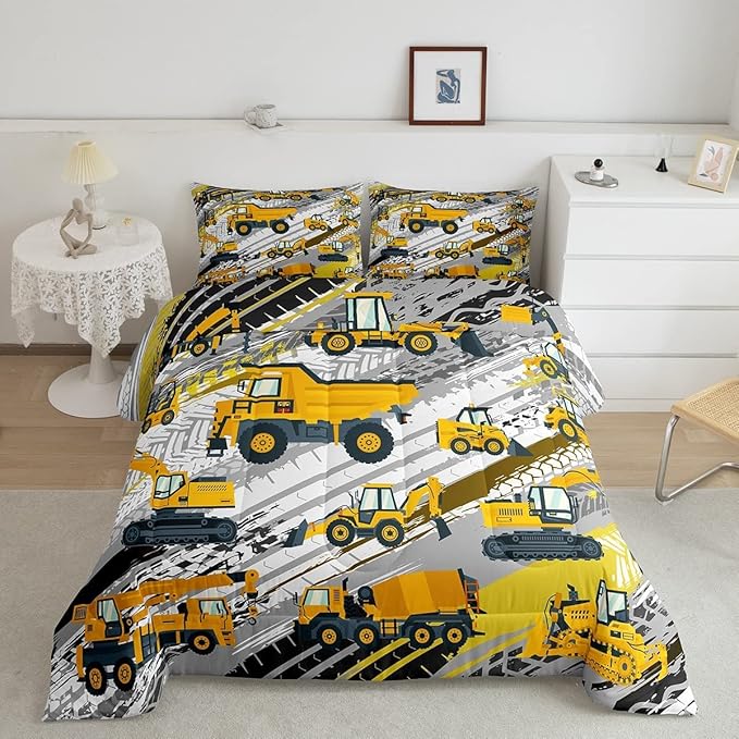 Boys Construction Comforter Set Truck Bedroom Decor for Kids Girls Under Construction Vehicles Down Comforter Nursery Children Cartoon Machinery Truck Excavator Bedding Tractor Cars Duvet Quilt,Full