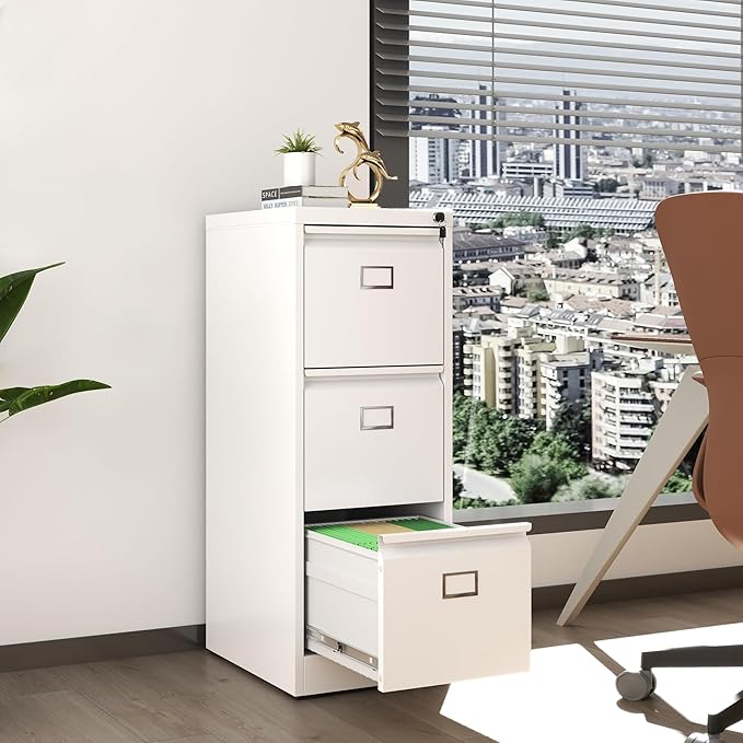 3 Drawer File Cabinet, Metal Vertical File Cabinets with Lock for Home Office, Office Steel Filing Cabinet for Hanging Files for A4/ Legal/Letter,Assembly Required (White)