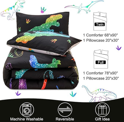 Meeting Story Dinosaur Comforter Set, Fluorescence Gradation Dinosaur Twin Comforter Set, 3 PCS 1 Comforter and 2 Pillowcases in One Bag, All Season Bedspread for Kids Teens Adults（Twin）