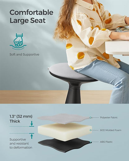 SONGMICS Kids Wobble Chair, Wiggle Stool for Kids Ages 5-8, Comfortable 60D Foam Seat, Breathable Fabric, Anti-Slip Base, 14.2-Inch High, Tool-Free Assembly, Ink Black and Dove Gray UOSC009B01