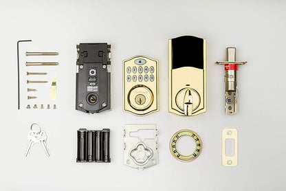 Kwikset 914 Traditional Keypad SmartCode Electronic Deadbolt Smart Lock featuring SmartKey Security and ZigBee 3.0 Technology in Polished Brass