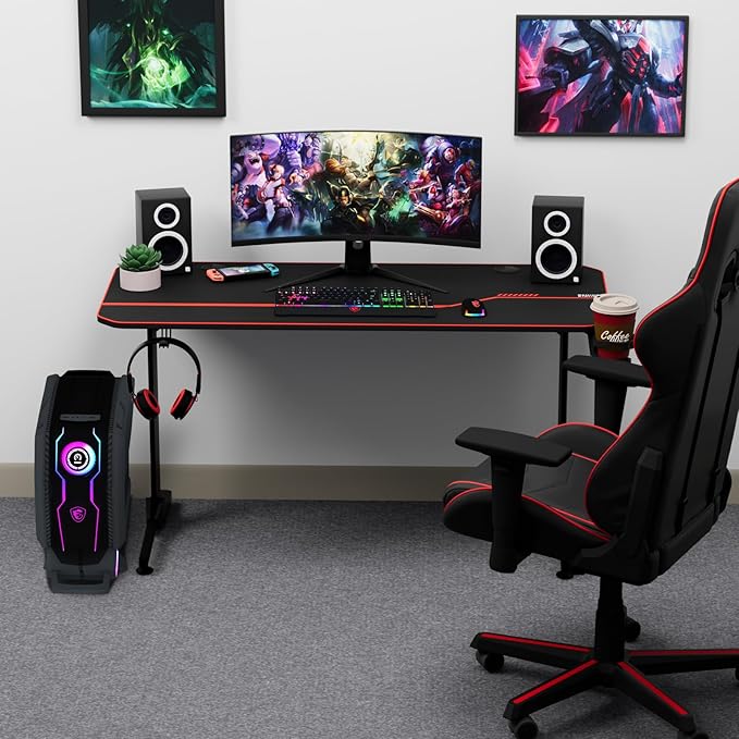 55'' Gaming Desk, Multi-Use Home Office T-Shaped Computer Workstation, Carbon Fiber Surface PC Study Table, Full Cover Mousepad, Drink Holder, Wire Holes, Headphone Hook, Cable Tray, Red