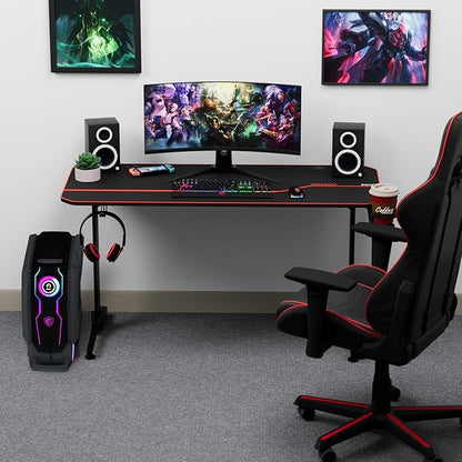 55'' Gaming Desk, Multi-Use Home Office T-Shaped Computer Workstation, Carbon Fiber Surface PC Study Table, Full Cover Mousepad, Drink Holder, Wire Holes, Headphone Hook, Cable Tray, Red