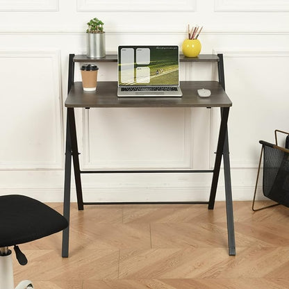 FurnitureR 31.9'' Folding Desk 2 Tier Foldable Writing Table Assembly Saves Space for Home Office Study, Metal Frames/Wood Top Laptop Table Computer Desk, Industrial Brown