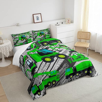 Excavator Down Comforter, Kids Boys Cartoon Car Comforter Set Twin, Children Tractor Truck Duvet Sets Girls Construction Vehicle Bulldozer Bedding Set 2 Pieces with 1 Pillow Case, Green Gray