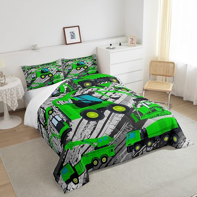 Excavator Down Comforter, Kids Boys Cartoon Car Comforter Set Full, Children Tractor Truck Duvet Sets Girls Construction Vehicle Bulldozer Bedding Set 3 Pieces with 2 Pillow Cases, Green Gray