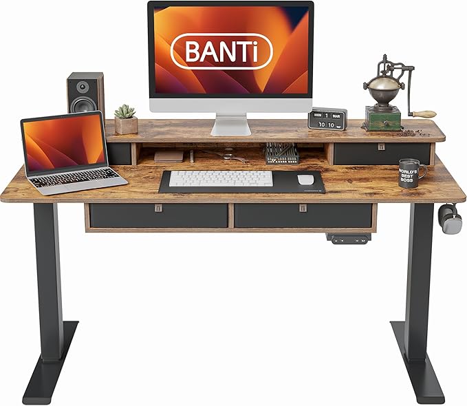 BANTI Height Adjustable Electric Standing Desk with 4 Drawers, 55 x 24 Inch Table with Storage Shelf, Sit Stand Desk, Rustic Brown Top