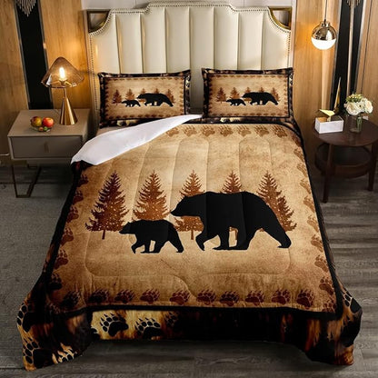 Bear Comforter Set King Size Farmhouse Wild Animal Comforter Retro Bear Family Bedding Set for Kids Boys Girls Brown Bear Paws Duvet Set Rustic Bedroom Decor Quilted Set 3Pcs