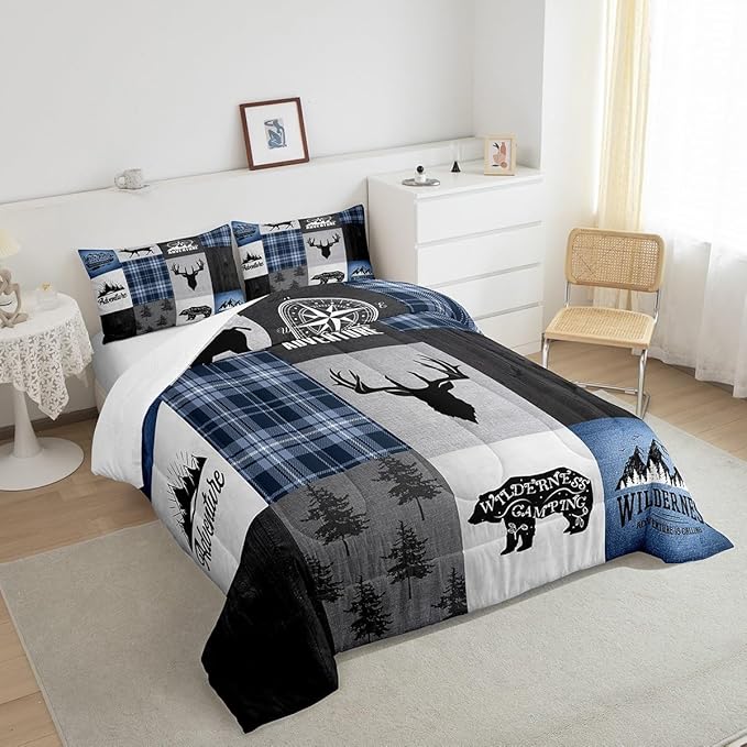 Deer Antler Bear Kids Comforter Set King Size,Hunting Adventure Bedding Set for Boys Girls Adults Room Decor,Geometric Plaids Patchwork Down Comforter,Rustic Farmhouse Duvet Insert,2 Pillowcases