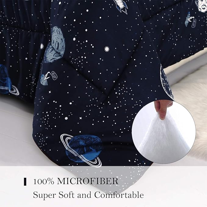 ENJOHOS Space Bedding Comforter Set Twin Size for College Boy, 3 Pieces Twin/Twin XL Galaxy Summer Bedding, Lightweight Soft Microfiber Universe Blanket Comforter, Dark Blue Comforter for Kid