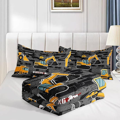 Datura home Kids Engineering Car Bedding Comforter Set Tractor Truck Printed Pattern Bedding Set with 1 Comforter and 2 Pillowcases for Boys Bedroom All Season(Truck2 Full) Full 80x90inches