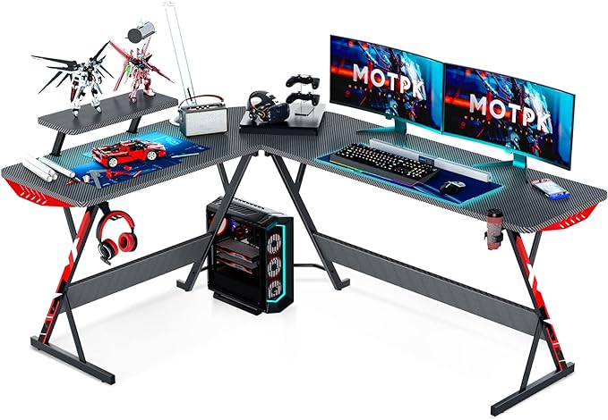 MOTPK L Shaped Gaming Desk 66 Inch, Gaming Computer Desk L Shape with Carbon Fiber Surface, Gamer Desk Gaming Table with Monitor Shelf, Cup Holder & Headphone Hook, Black