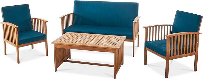 Christopher Knight Home Carolina Outdoor 4 Piece Patina Acacia Wood Sofa Conversation Patio Furniture Sets with Cushions, 27.50" D x 24.00" W x 33.25" H, Dark Teal/Brown