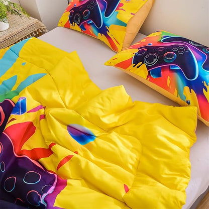 Aimuan Gaming Bedding Sets Gamer Room Decor 3D Gamepad Video Games Twin Size Comforter Sets for Boys Games Console Action Buttons Novelty Colorful Modern Home Quilt Set (Twin, Yellow)