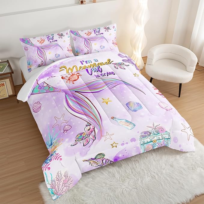 HOSIMA Kids Mermaid Comforter Set with 2 Pillowcases,Watercolor Ocean Life Sea Animal Mermaid Tail Pattern Bedding Set,Light Purpl Comforter for Teens Girls Women Bedroom Full Size Bed in a Bag Set.