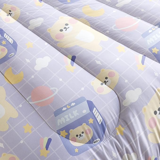 Bear Comforter Twin Size,Kawaii Comforter Set for Kids Teens Girls,3Pcs Bedding Set Printed Comforter with 2 Pillowcases,Down Alternative,Soft and Lightweight(Purple，Twin Size)