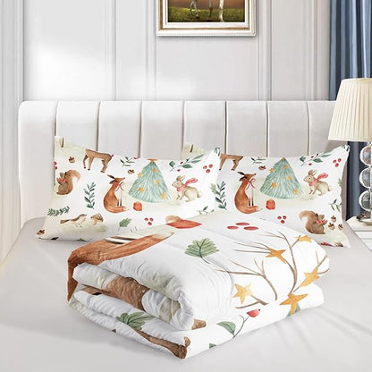 Wild Animal Comforter Queen Size,Rabbit Deer Comforter Set for Kids Teens Girls Boys,3Pcs Bedding Set Printed Comforter with 2 Pillowcases,Down Alternative,Soft and Lightweight，Queen Size