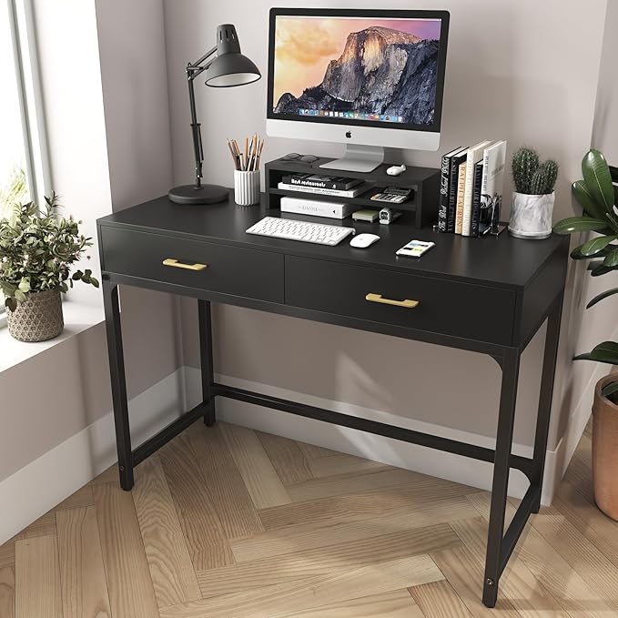 WESTREE Computer Gaming Desk Office - Study Writing Desk with Drawer for Teen, Bedroom Makeup Desk Home Office with Storage Shelf, Height Monitor Stand
