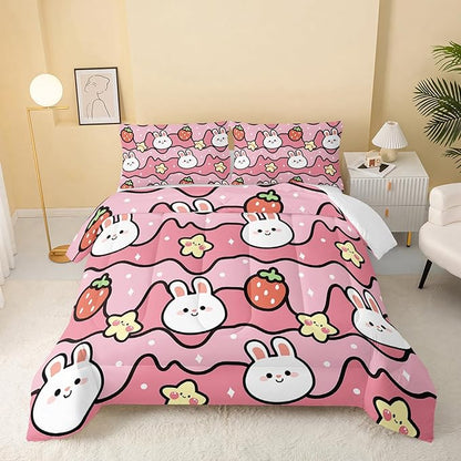 Kawaii Rabbit Comforter,Strawberry Rabbit Comforter Set for Kids Teens Girls,3Pcs Bedding Set Printed Comforter with 2 Pillowcases,Down Alternative,Soft and Lightweight(Pink，Full Size)