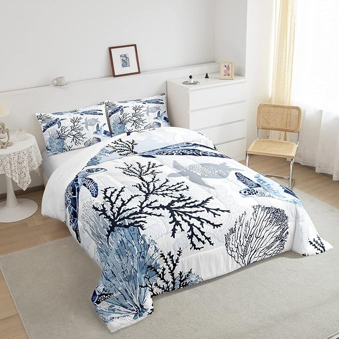 Turtle Comforter Set Twin,White Blue Hawaiian Turtle Bedding for Kids,Reptile Tortoise Quilt Duvet Set Coastal Beach Theme Comforter Retro Sea Turtle Bed Set for Boys Girls Bedroom Decor(Marine life)