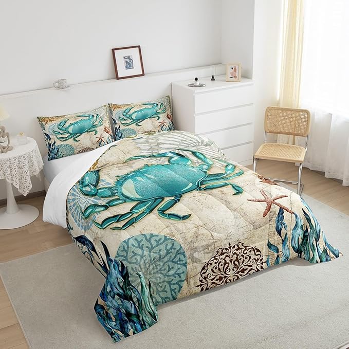 Sea Beach Theme Comforter Set Kids Beach Crabs Print Full Bedding 3D Sea Animal Crab Luxury Microfiber Quilted Duvet Set with 2 Pillowcases,Soft Lightweight Marine Life Decorative Bedding Soft Fluffy