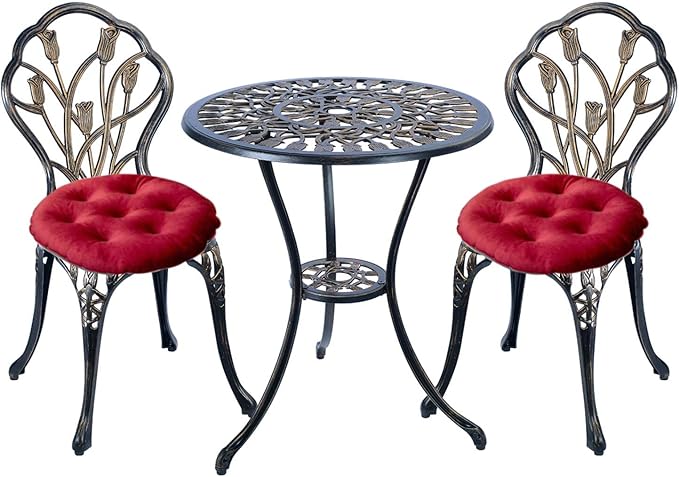 Mandolin Patio Table and Chairs,5 Piece Outdoor Dining Set,Rust-Resistant Cast Aluminum Bistro Set,with Cushion,Tulip Design (Copper)