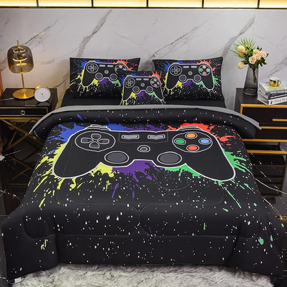 6Pcs Gamer Comforter Set with Sheets for Boys Girls Kids Teens, Colorful Graffiti Gaming Themed Bed in A Bag Twin Size, Black 3D Video Game Controller Bedroom Decor Bedding Set