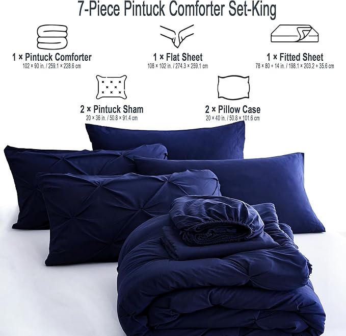 Ubauba 7pc Dark Blue King Comforter Set with Sheets, 7 Piece Pinch Pleating Bed in a Bag Royal Blue Bedding Comforters & Sets, Soft Fluffy Pintuck Bed Set (Navy,King)