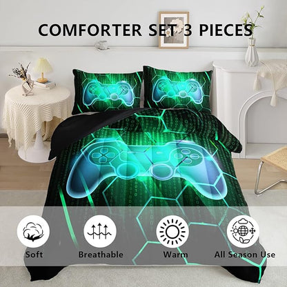 Axolotl Gamepad Comforter Set Full Size,Number Video Gaming Gamer Bedding Set,Boys Game Console Comforter Set,Geometry Hexagonal Bedding Set for Teens Men Adults,1 Quilt 2 Pillowcases,Green Black