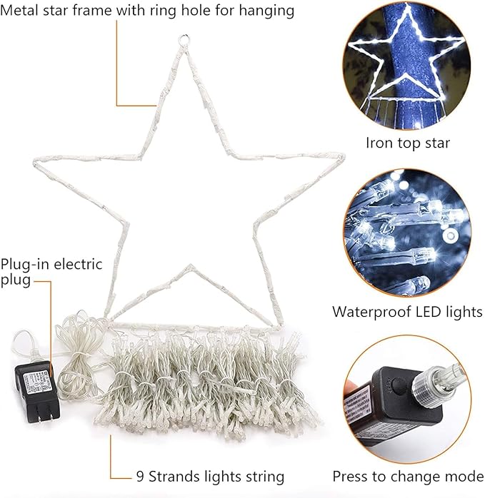 PUHONG Christmas Decoration Star Lights Outdoor,320 LED 16.4Ft Christmas String Lights[8 Modes & Waterproof] for Halloween Xmas New Year Holiday(Iron) (White)