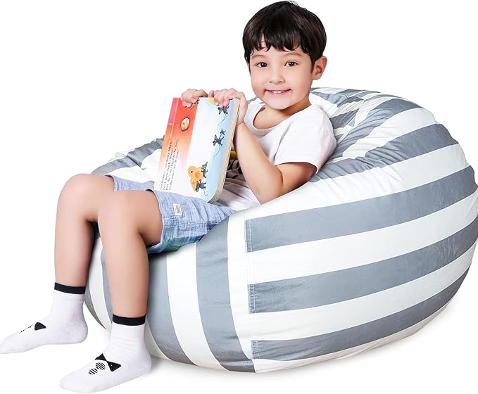 Lukeight Stuffed Animal Storage Bean Bag Chair Cover for Kids, Zipper Beanbag Chair Cover for Organizing Toddler & Kids' Rooms Plush Toys (Gray+white Velvet, X-Large)