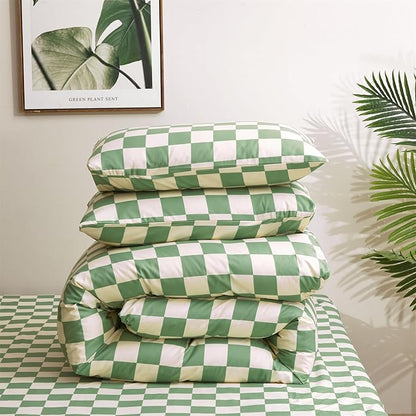Green White Grid Comforter Set King Sage Green Plaid Bedding Set Women Light Green White Checkered Bed Comforter Set Breathable Blanket Set Men Durable Bedding Comforter Set