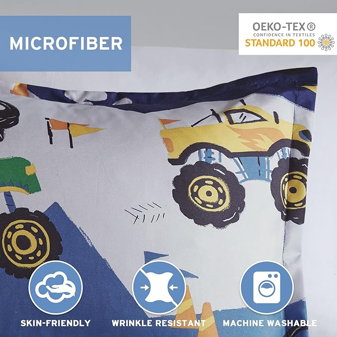 Mi Zone Kids Queen Comforter Set for Boys 4 Piece Monster Truck Comforter Set, Queen Bedding Set, Teen Microfiber Bed Set, Matching Shams, Embroidered Truck Throw Pillow, Full/Queen, Blue