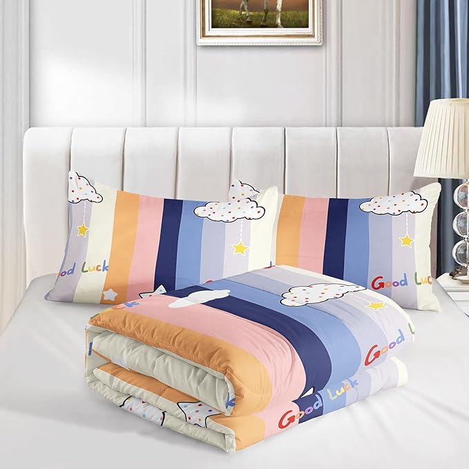 Datura home Cloud Stylish Comforter Bedding Set for Kids Children,Boys and Girls coulorful Stripe with Dot Cute Sky Bedding Set with 1 Comforter and 2 Pillowcases(Cloud Twin)