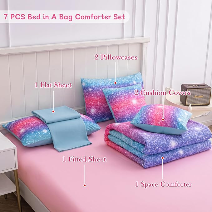 Twin Comforter Set for Girls Galaxy Bedding 7pieces, Ombre Bedding Comforter Sets Rainbow Comforter, Glitter Bedding Twin Teen Comforter Sets for Girls (Blue)