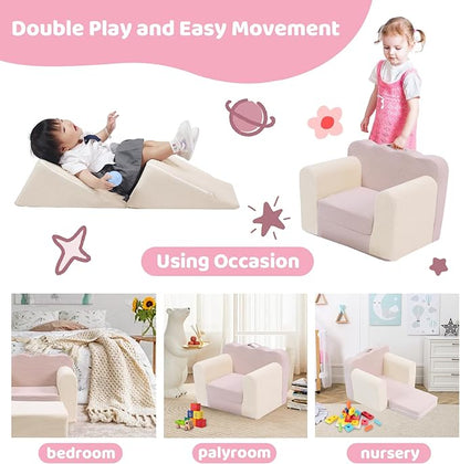 3-in-1 Toddler Chair Comfy Kids Sofa Chair,Toddler Couch Fold Out with Folding Ottomans,Foldable Baby Couch for Girls and Boys,Convertible Kids Chair Cozy to Lounger Pull Out for Playroom,Beige Pink