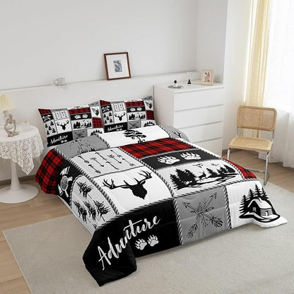 Deer Antlers Comforter Set Full Size,Bear Paws Pine Trees Xmas Bedding Set for Kids Boys Girls Adults Room Decor,Lattices Patchwork Rustic Farmhouse Down Comforter,Red Duvet Insert,2 Pillowcases