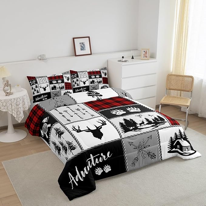 Deer Antlers Comforter Set Queen Size,Bear Paws Pine Trees Xmas Bedding Set for Kids Boys Girls Adults Room Decor,Lattices Patchwork Rustic Farmhouse Down Comforter,Red Duvet Insert,2 Pillowcases
