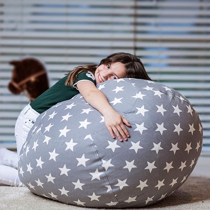 Wekapo Stuffed Animal Storage Bean Bag Chair Cover for Kids | Stuffable Zipper Beanbag for Organizing Children Plush Toys Large Premium Cotton Canvas (Grey Star, XX-Large)