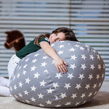 Wekapo Stuffed Animal Storage Bean Bag Chair Cover for Kids | Stuffable Zipper Beanbag for Organizing Children Plush Toys Large Premium Cotton Canvas (Grey Star, XX-Large)