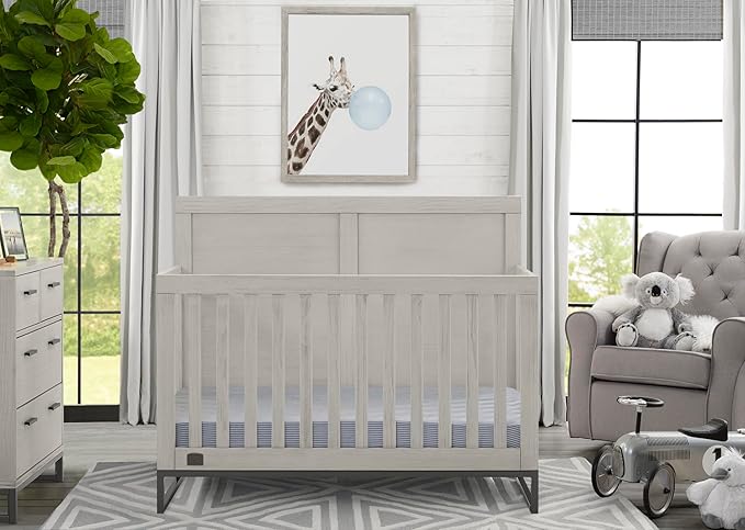 Simmons Kids Foundry 6-in-1 Convertible Baby Crib, Rustic Mist with Matte Black + Quiet Nights Breathable Crib Mattress with Removable/Machine Washable Cover (Bundle)