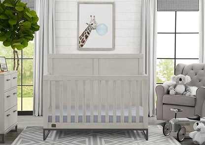 Simmons Kids Foundry 6-in-1 Convertible Baby Crib, Rustic Mist with Matte Black + Quiet Nights Breathable Crib Mattress with Removable/Machine Washable Cover (Bundle)