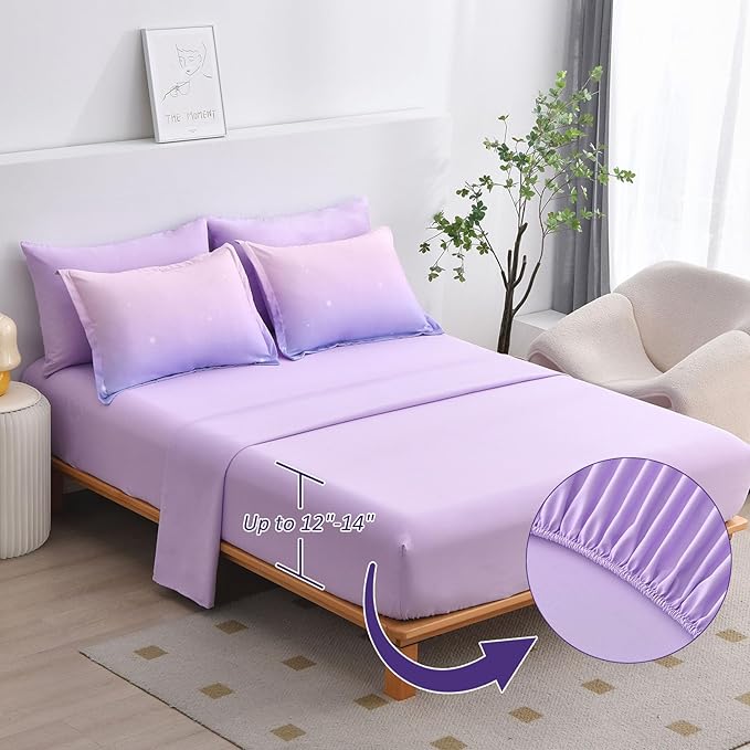 Dinjoy Girls Comforter Set Twin XL Size Rainbow Ombre Purple Lavender Pink Bedding Set Gradient 6 Pieces Bed in A Bag for Kids Teen Girl Women(1 Comforter, 1 Flat Sheet, 1 Fitted Sheet)