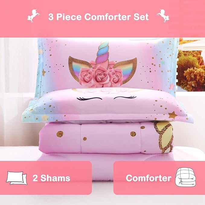 Unicorn Comforter Set Rainbow Soft Girls Unicorn Bedding with 1 Comforter 2 Pillowcases Pink Flower Unicorn Bedding Sets for Teens Girls Queen Size